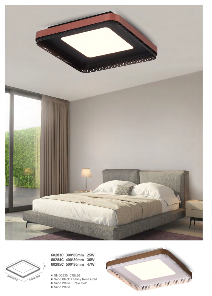 Lámpara LED Decorativa de Superficie, DG60283C, 25W, NW 4000K, 85-265Vac, Dimensiones: 300x300x80mm, IP20, Negro con Rose Gold