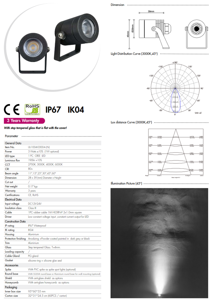 Reflector COB LED, DG-1004, 3W, CW 6000K, 12-24Vdc, IP67, 30 Grados, Diametro: 28mm, Gris Oscuro, Material: Aluminio