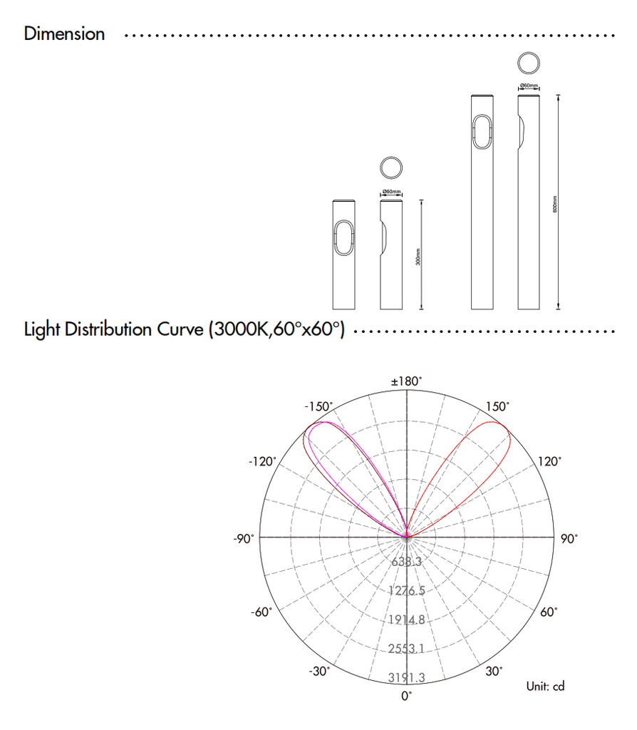 Bolardo LED, 12W, WW 3000K, 100-265Vac, 60x60 Grados Dimensiones: 60x600mm, Material: Aluminio, IP65, Negro