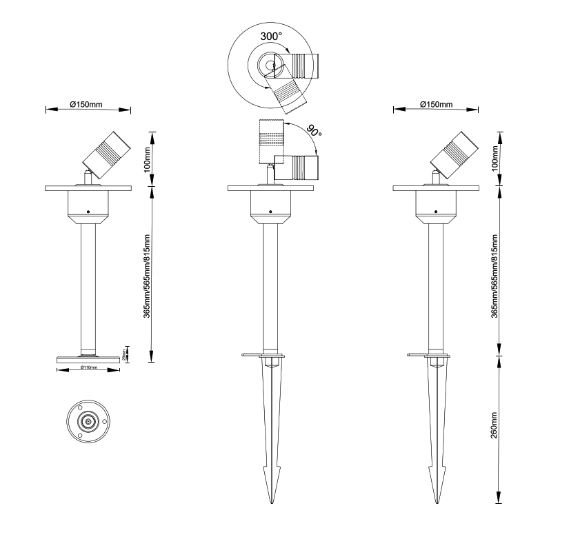 Lámpara tipo Reflector p/Jardin, 7.5W+4.5W, WW 3000K, IP65, 60 Grados, Diametro: Ø150mm, Material: Aluminio, Con Poste de 516.5mm, estaca y base de 110mm, Gris Oscuro