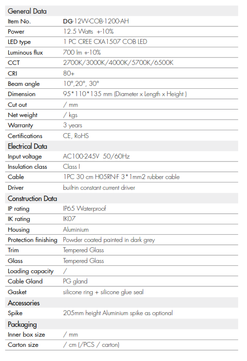 Reflector COB LED, 12.5W, WW 3000K, 100-265Vac, IP65, 30 Grados, Dimensiones: 95x110x135mm, Gris Oscuro, Material: Aluminio