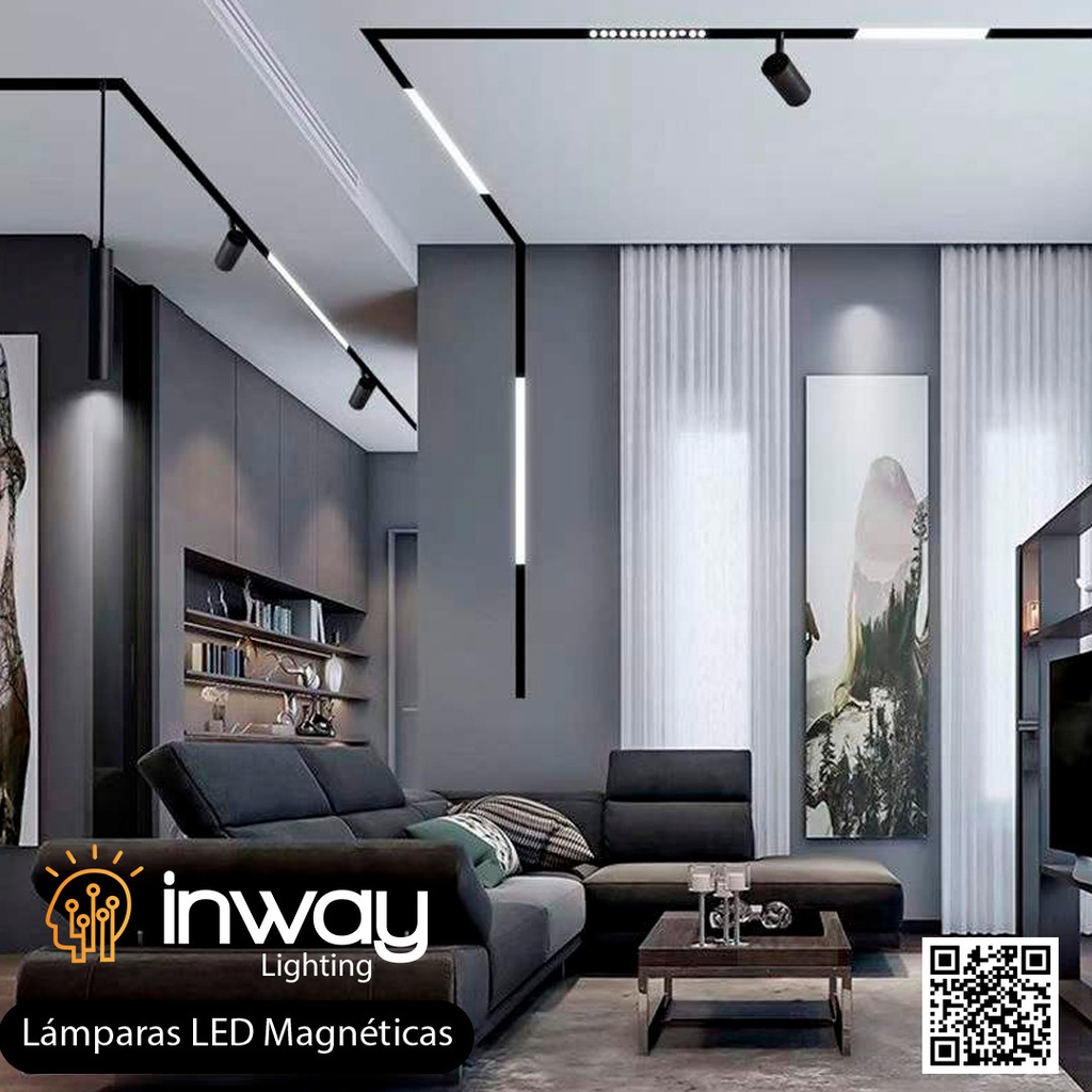 Lámpara Lineal Magnética LED p/Riel de 20mm de ancho con Divisiones, 24W, 17.16&quot;(436mm), NW 4000K, 48Vdc, Instalación: Empotrar o Superficie, 24 Grados, Negra