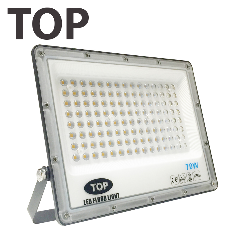 Lámpara Flood Light SMD TOP, 70W, WW 3000K, 100-265Vac, IP65, 120 Grados, Negra, Dimensiones: 210x270x25mm