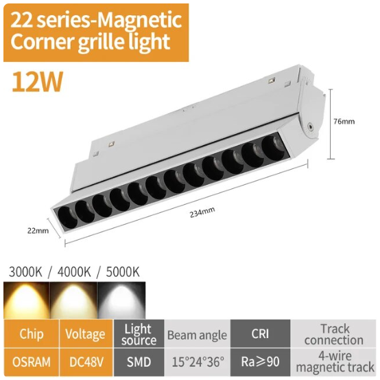 Lámpara Magnética LED p/Riel de 20mm de ancho con Rejilla, 12W, 8.77&quot;(223mm), NW 4000K, 48Vdc, Instalación: Empotrar o Superficie, 24 Grados, Blanco