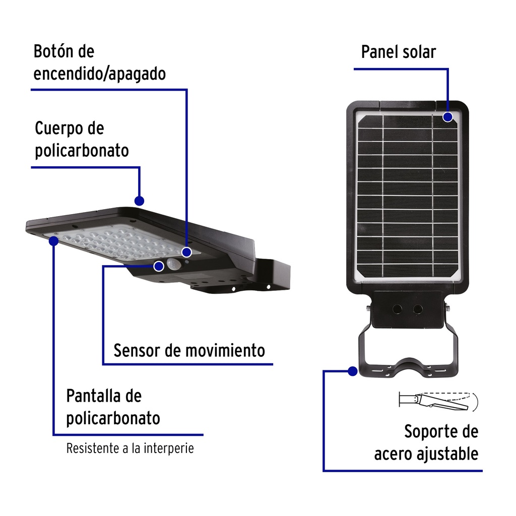 Lámpara Solar Street Light LED de 40W con Panel Integrado de 21W, 13.5V y Sensor de Movimiento, SMD2835 x 90pcs, NW 4000K, 140x70 Grados, Con Batería de Litio 115.2Wh, 9.6V, 12000mAh, IP65, Negra, 120Lm/W