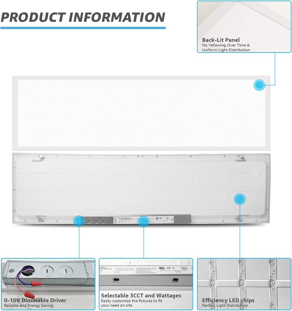 Kit Panel LED Rectangular de Luz Directa (BackLit) p/Empotrar, 20W / 25W / 30W / 35W / 40W, Múltiple CCT WW 3000K / 3500K / NW 4000K / 5000K / CW 6000K, 110Lm/w, 100-277Vac, Dimmable de 0-10Vdc, 12&quot;x48&quot;(300x1200mm), Borde Blanco con Certificación UL