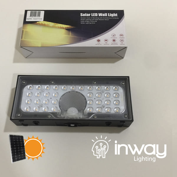 Lámpara Solar LED de Pared (Aplique) de 6W con Panel Solar Integrado de 2.8W, 5.5V y Sensor de Movimiento, SMD2835 x 35pcs, WW 3000K, 140x70 Grados, Con Batería de Litio de 11.1Wh, 3.7V, 3000mAh, IP65, Dimensiones: 230x97x42.7mm, Negro, 133Lm/W