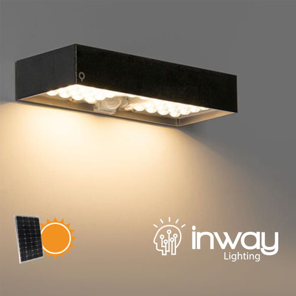 Lámpara Solar LED de Pared (Aplique) de 6W con Panel Solar Integrado de 2.8W, 5.5V y Sensor de Movimiento, SMD2835 x 35pcs, WW 3000K, 140x70 Grados, Con Batería de Litio de 11.1Wh, 3.7V, 3000mAh, IP65, Dimensiones: 230x97x42.7mm, Negro, 133Lm/W