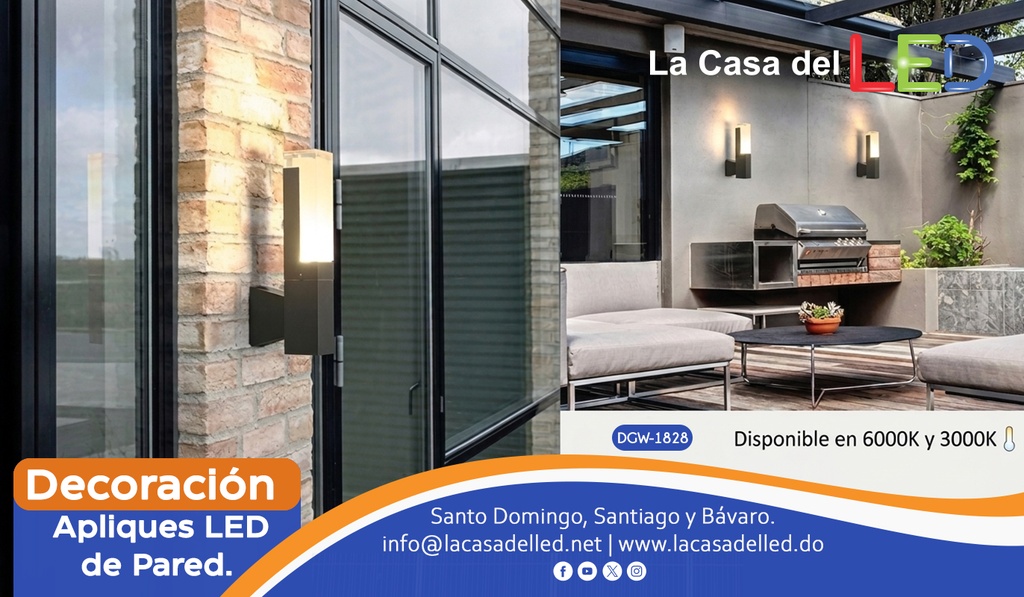 Lámpara LED de Pared (Aplique), DGW-1828, 10W, CW 6000K, 85-265Vac, IP65, Negro, 180 Grados, Dimensiones: 50x100x300mm, Material: Aluminio