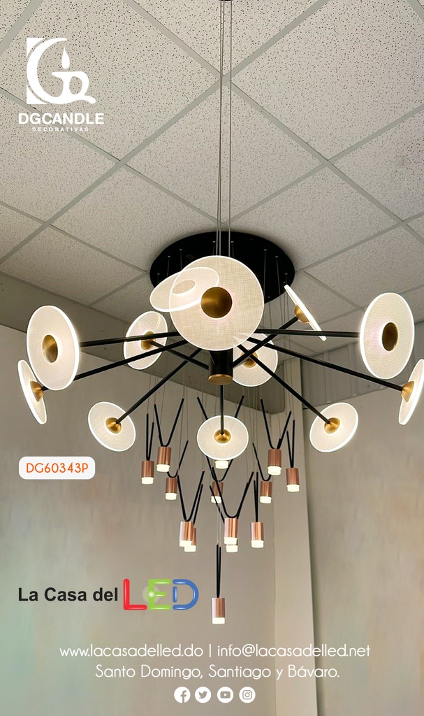 Lámpara LED Decorativa Colgante, DG60343P, 65W, NW 4000K, 85-265Vac, Dimensiones: 800x800x1500mm, IP20, Negro con Dorado
