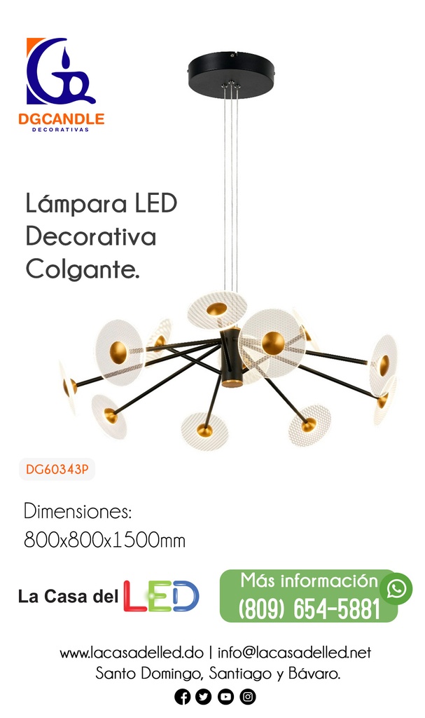 Lámpara LED Decorativa Colgante, DG60343P, 65W, NW 4000K, 85-265Vac, Dimensiones: 800x800x1500mm, IP20, Negro con Dorado
