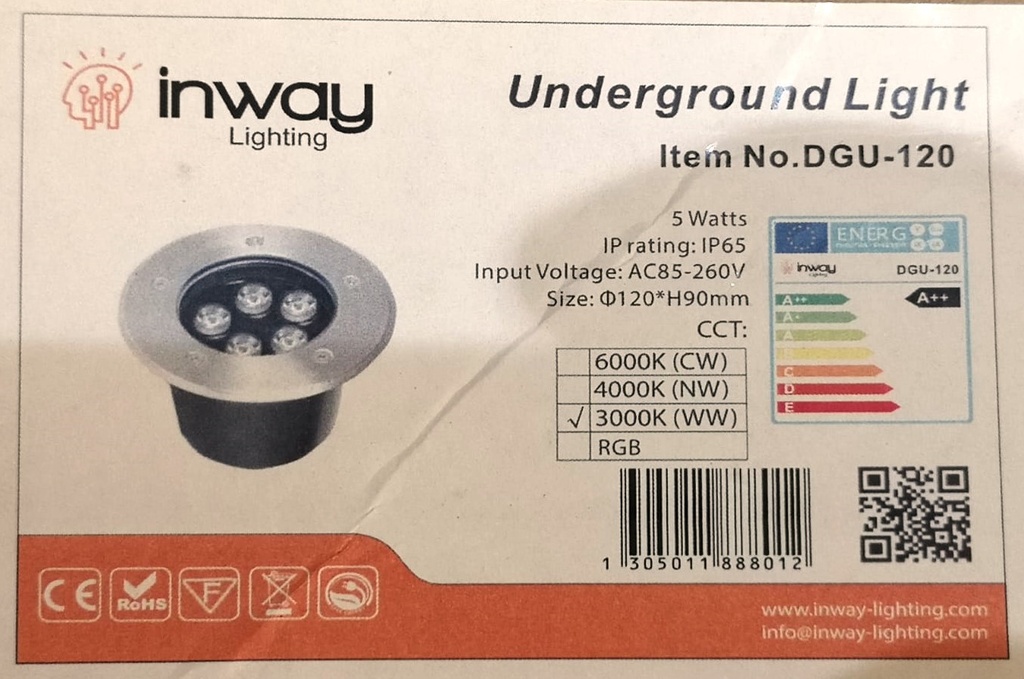 Lámpara p/Piso Empotrable, 5W, WW 3000K, 85-260Vac, IP65, 38 Grados Size 120xH90mm