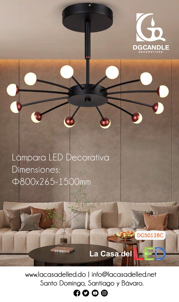 Lámpara LED Decorativa Colgante, DG50128C, 58W, 16x3.63W, NW 4000K, 85-265Vac, Dimensiones: Φ800x265-1500mm, IP20, Negro con Rose Gold