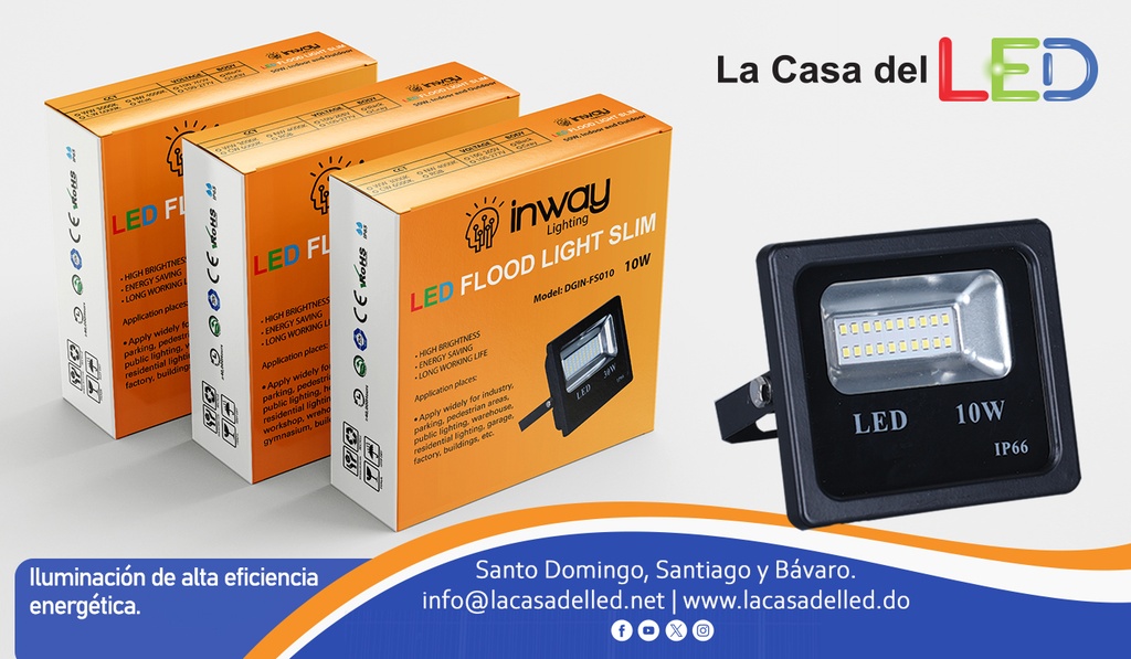 Lámpara Flood Light SMD Slim, 10W, CW 6000K, 85-265Vac, IP65, 120 Grados, Negra