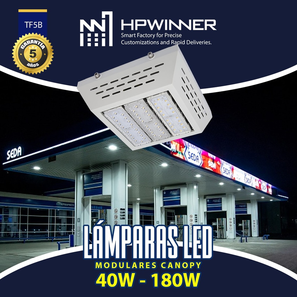 Lámpara Gas Station Light (Canopy) LED Modular TF5B-3, 150W, WW 3000K, M33A-VBA (1x18pcs), 2190, 90 Grados, SANAN 5050, 72,000 horas de vida útil, 100-277Vac, IP68, Blanca, 140-165Lm/W