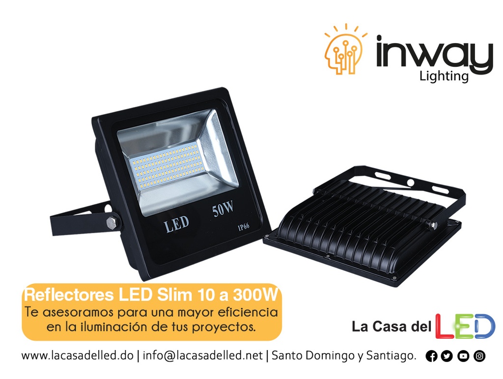 Lámpara Flood Light SMD Slim, 50W, CW 6000K, 85-265Vac, IP65, 120 Grados, Negra