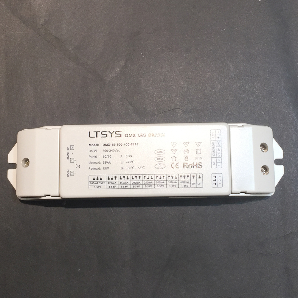 Driver Dimmeable DMX p/Lámpara LED (100-240Vac, 15W, 58Vdc, 100-400mA)