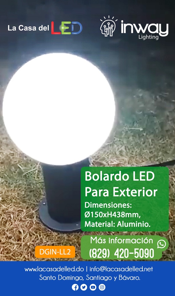 Bolardo LED, DGIN-LL2, 2W, NW 4000K, 24Vdc, Dimensiones: Ø150xH438mm, Material: Aluminio, IP65, 300 Grados, Gris Oscuro