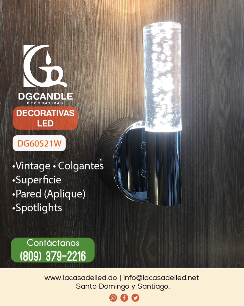 Lámpara LED Decorativa de Pared (Aplique), DG60521W, 6W, WW 3000K, 85-265Vac, Dimensiones: 90x70x170mm, IP20