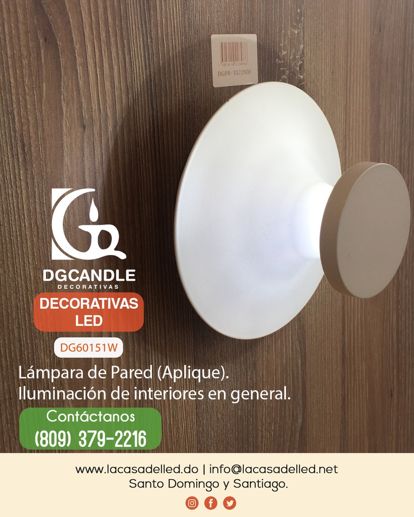 Lámpara LED Decorativa de Pared (Aplique), DG60151W, 5W, WW 3000K, 85-265Vac, Dimensiones: Φ150X150XH90MM, IP20