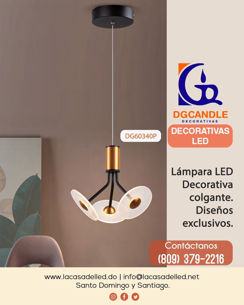 Lámpara LED Decorativa Colgante, DG60340P, 16W, NW 4000K, 85-265Vac, Dimensiones: 300x300x1500mm, IP20, Negro con Dorado