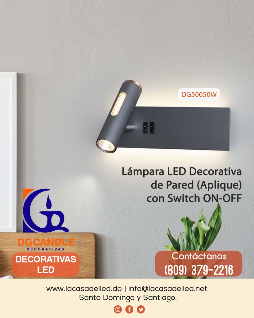Lámpara LED Decorativa de Pared (Aplique), DG50050W, 12W, NW 4000K, 85-265Vac, con Switch ON-OFF, Dimensiones: 250x134x150mm, IP20, Gris Oscuro