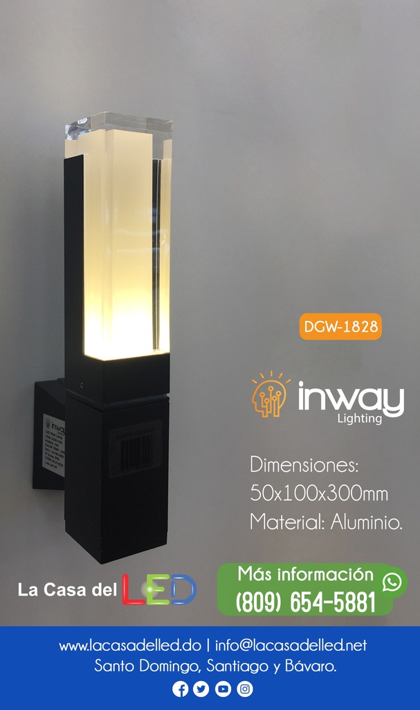 Lámpara LED de Pared (Aplique), DGW-1828, 10W, WW 3000K, 85-265Vac, IP65, Negro, 180 Grados, Dimensiones: 50x100x300mm, Material: Aluminio