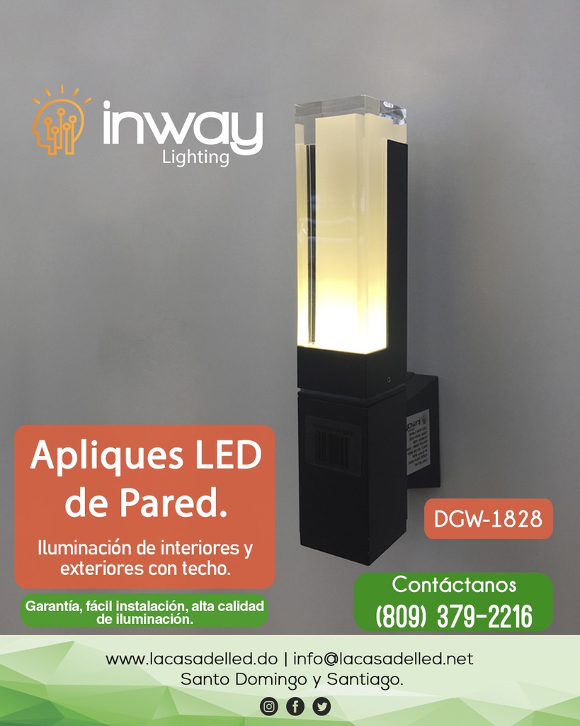 Lámpara LED de Pared (Aplique), DGW-1828, 10W, CW 6000K, 85-265Vac, IP65, Negro, 180 Grados, Dimensiones: 50x100x300mm, Material: Aluminio