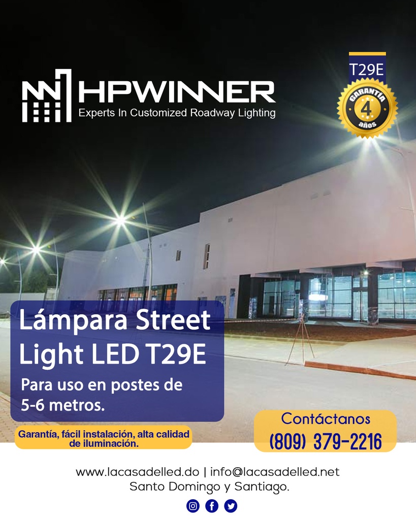 Lámpara Street Light LED Modular T29E-1 con Fotocelda de 7 pin, 40W, 5000K, Type III, Lumileds 5050, 24pcs, 100-277Vac, Supresor de Pico 15KV, IP68, Blanca, 140-165Lm/W