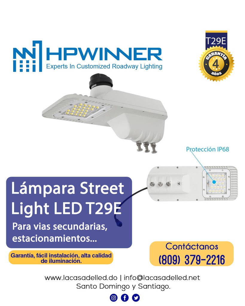 Lámpara Street Light LED Modular T29E-1 con Fotocelda de 7 pin, 40W, 5000K, Type III, Lumileds 5050, 24pcs, 100-277Vac, Supresor de Pico 15KV, IP68, Blanca, 140-165Lm/W