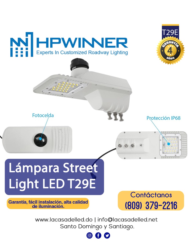 Lámpara Street Light LED Modular T29E-1 con Fotocelda de 7 pin, 40W, 5000K, Type III, Lumileds 5050, 24pcs, 100-277Vac, Supresor de Pico 15KV, IP68, Blanca, 140-165Lm/W