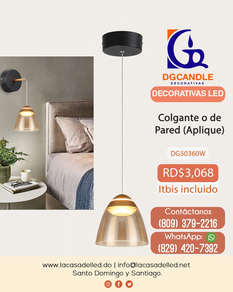 Lámpara LED Decorativa de Pared (Aplique), DG50360W, 8W, NW 4000K, 85-265Vac, Dimensiones: 200x132-600mm, IP20, Dorado con Negro