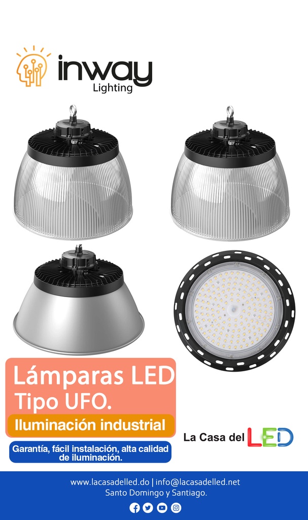 Lámpara High Bay SMD LED, Tipo UFO E, 50W, CW 6000K, 100-277Vac, Supresor de Pico 4KV, IP65, 90 Grados 110Lm/W