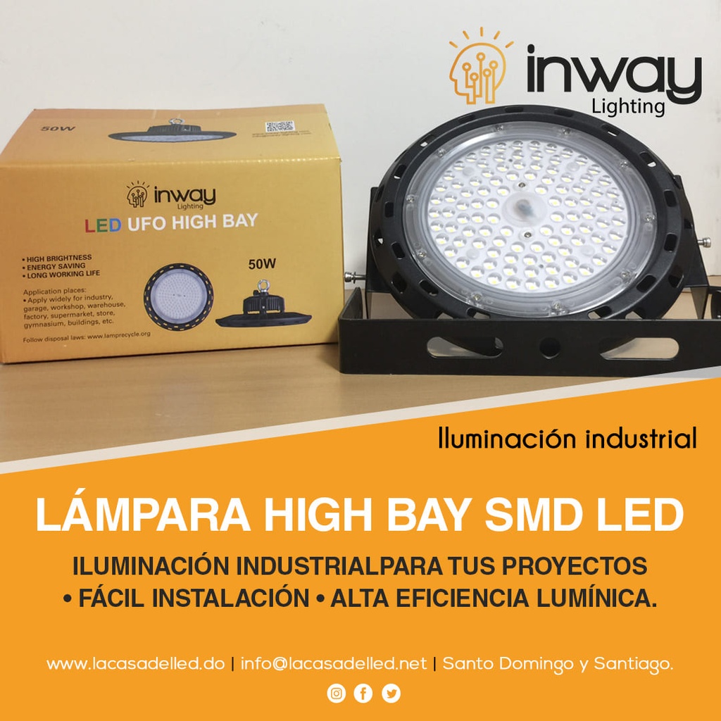 Lámpara High Bay SMD LED, Tipo UFO E, 50W, CW 6000K, 100-277Vac, Supresor de Pico 4KV, IP65, 90 Grados 110Lm/W