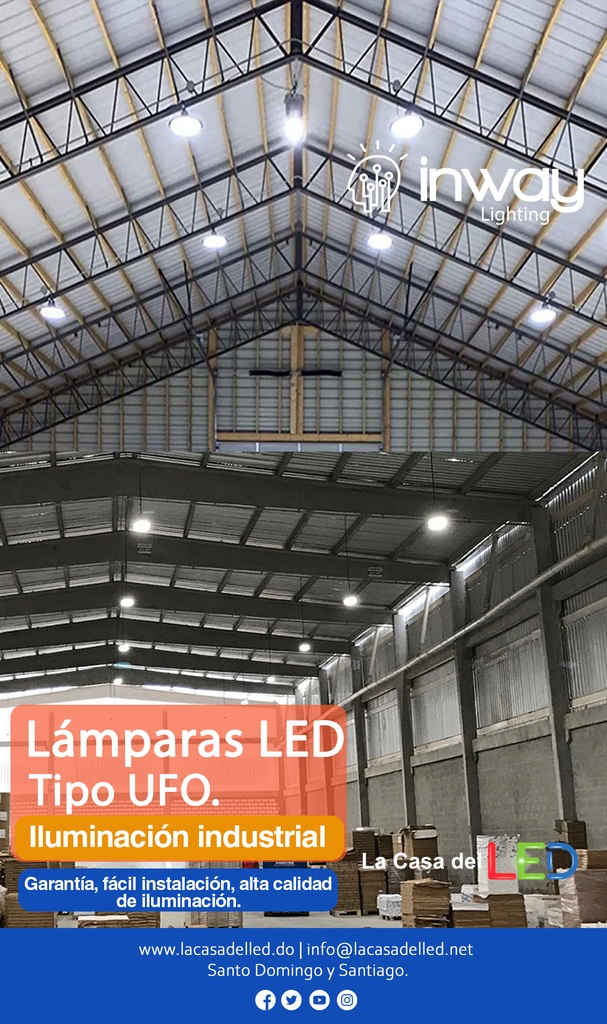 Lámpara High Bay SMD LED, Tipo UFO E, 50W, CW 6000K, 100-277Vac, Supresor de Pico 4KV, IP65, 90 Grados 110Lm/W