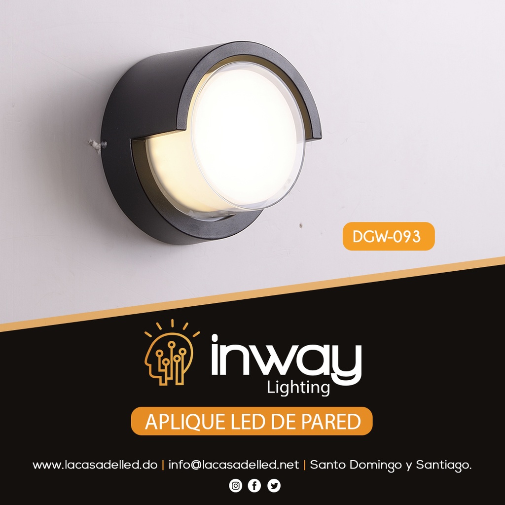 Lámpara LED de Pared (Aplique), DGW-093, 7W, WW 3000K, 85-265Vac, IP65, Negro, 180 Grados, Dimensiones: Ф110x80mm, Material: Aluminio