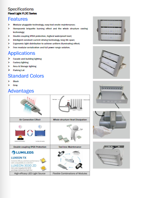 Reflector LED Modular FL2C-6, 300W, Con 2 Tapas Grises y 5 Módulos, 5000K, M16A-VCA (1x63pcs), 5340, 40 Grados, SANAN 3030, 72,000 horas de vida útil, 100-277Vac, IP68, Gris 