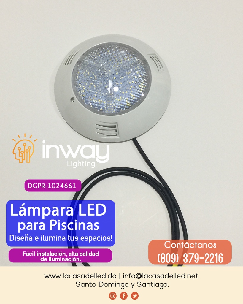 Lámpara de Piscina LED de Superficie, 25W, RGB, 12Vac, No Incluye Control, 60 Grados, No tiene memoria interna, IP68