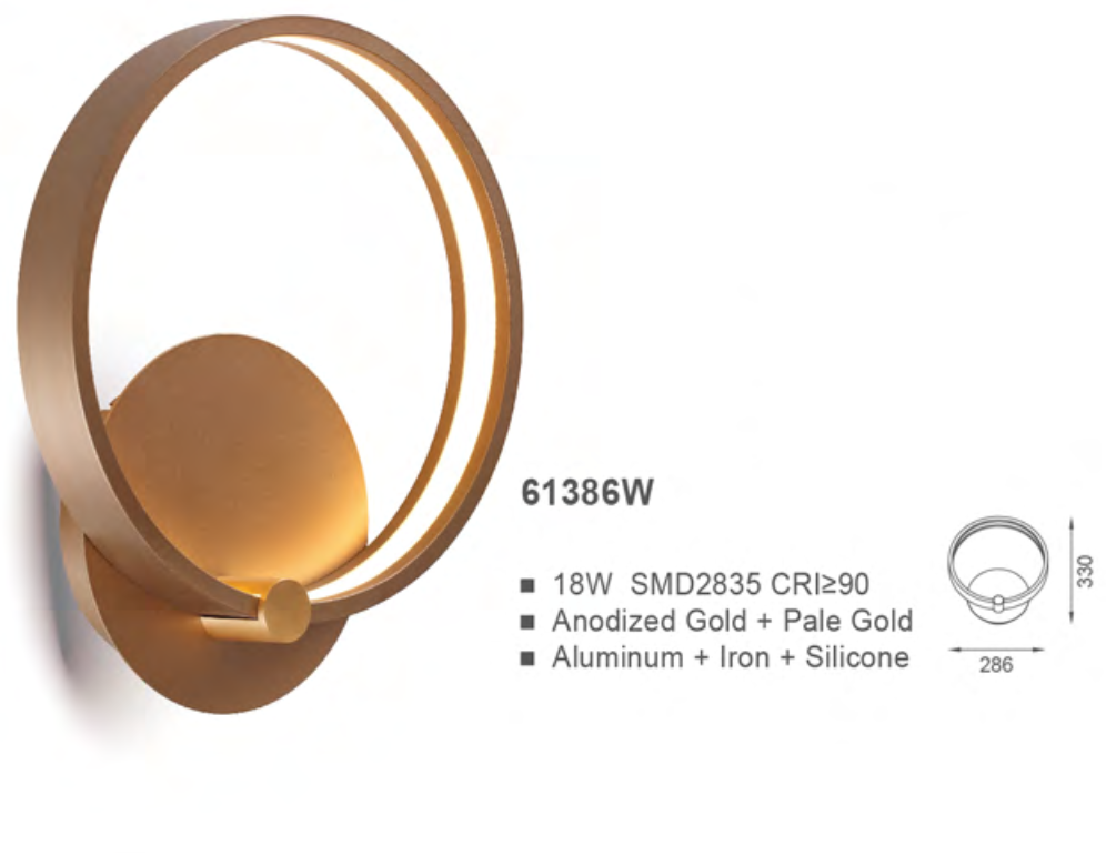 Lámpara LED Decorativa de Pared (Aplique), DG61386W, 18W, NW 4000K, 85-265Vac, Dimensiones: 286x86x330mm, IP20, Dorado con Pale Gold
