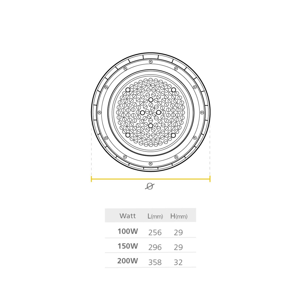 Lámpara High Bay SMD LED, Tipo UFO TOP, 150W, CW 6000K, 100-265Vac, IP65, 90 Grados