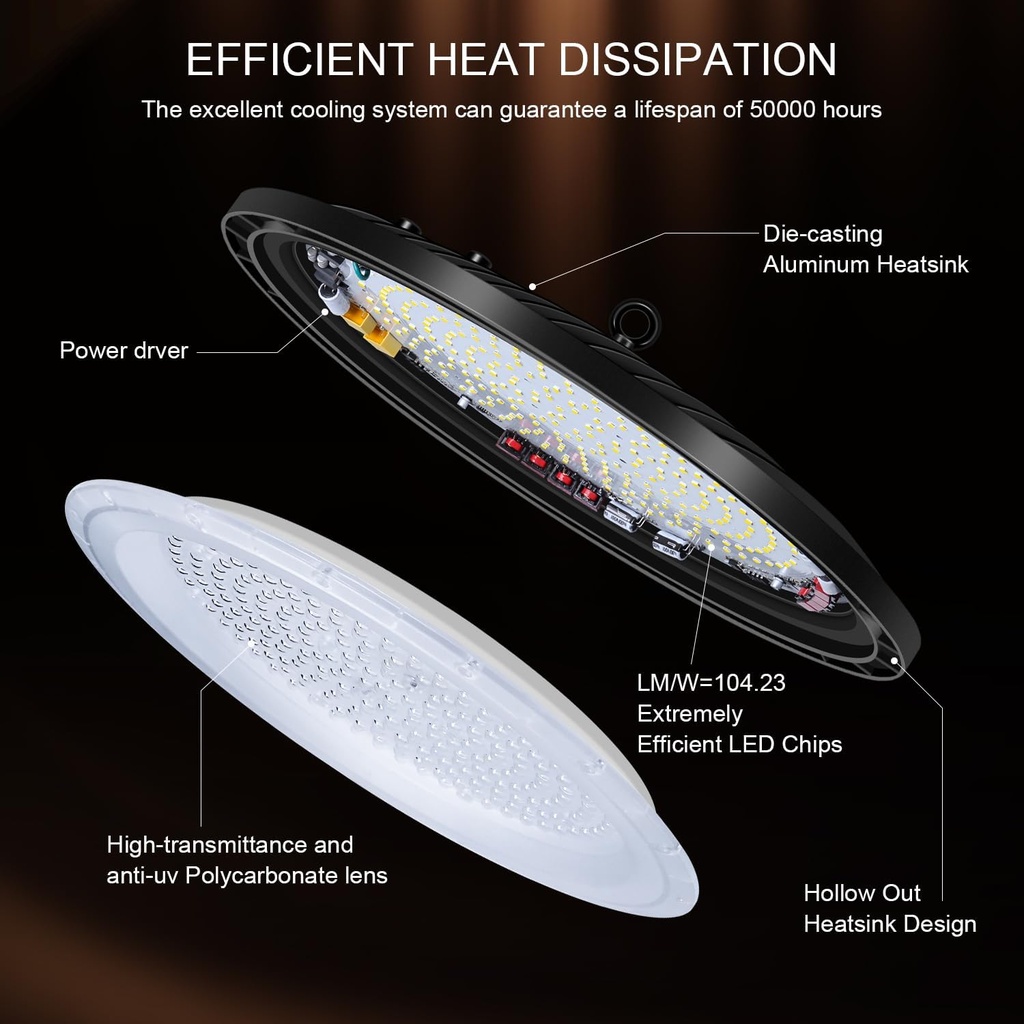 Lámpara High Bay SMD LED, Tipo UFO TOP, 150W, CW 6000K, 100-265Vac, IP65, 90 Grados