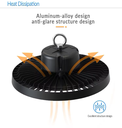 Lámpara High Bay SMD LED, Tipo UFO, 150W / 200W / 250W, Múltiple CCT WW 3000K / NW 4000K / CW 6000K, 100-277Vac, IP65, 90 Grados