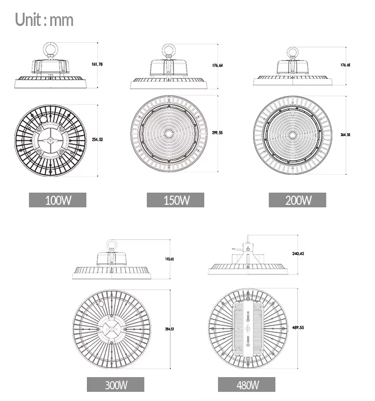 Lámpara High Bay SMD LED, Tipo UFO, 150W / 200W / 250W, Múltiple CCT WW 3000K / NW 4000K / CW 6000K, 100-277Vac, IP65, 90 Grados