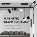 Lámpara Lineal Magnética LED p/Riel de 20mm de ancho con Rejilla, 12W, 8.77&quot;(223mm), Múltiple CCT WW 3000K / NW 4000K / CW 6000K, 48Vdc, Instalación: Empotrar o Superficie, 24 Grados, Negra