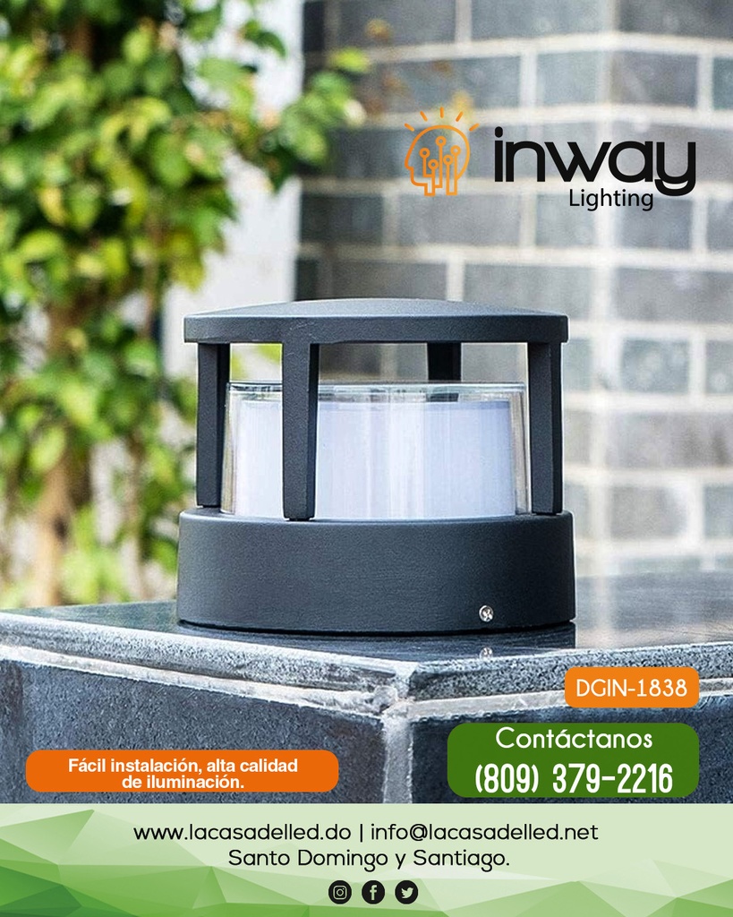 Mini Bolardo LED, DGIN-1838, 12W, CW 6000K, 100-265Vac, 160 Grados, Dimensiones: 160x160x130mm, Material: Aluminio, IP60, Negro, Uso en exterior techado o interior