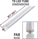 Tubo T8 LED, FP&gt;0.9, 36W, 96&quot;(240cm), FA8, CW 6000K, 100-277Vac, Alimentación Doble, Clear, Aluminio-PC, 1 Pin, 100Lm/W