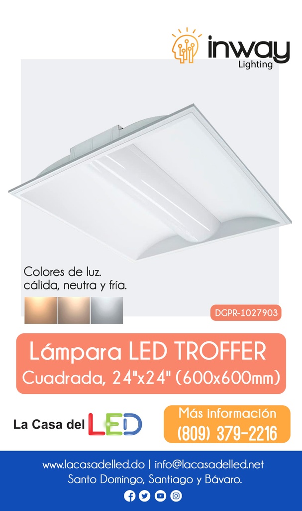 Troffer Panel LED Cuadrado p/Empotrar, 25W / 30W / 40W, Múltiple CCT NW 4000K / 5000K / CW 6000K, 125Lm/w, 100-277Vac, Dimmable de 0-10Vdc, 24&quot;x24&quot;(600x600mm), Borde Blanco