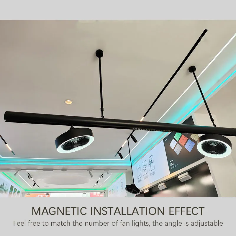 Lámpara Colgante Magnética LED Circular con abanico, 20mm de ancho, 10W, 4000K Blanco Natural, 48Vdc, 120 Grados, Dimensiones: 150-205x150mm, Negro