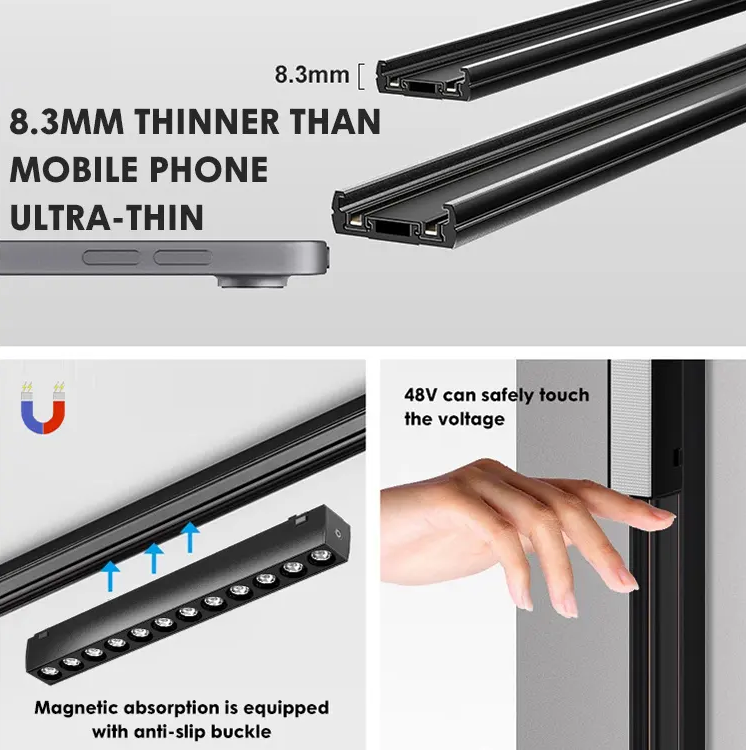Lámpara Slim Lineal Magnética LED p/Riel de 27mm de ancho, 6W, 15.15&quot;(131mm), 4000K Blanco Natural, 48Vdc, Instalación: Empotrar o Superficie, 24 Grados, Negra