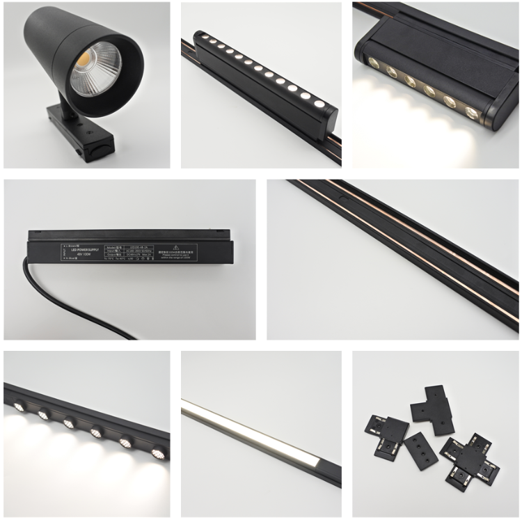 Lámpara Slim de Superficie Magnética LED tipo Spotlight p/Riel de 27mm de ancho, 12W, 4000K Blanco Natural, 48Vdc, Diámetro: 45mm, Instalación: Empotrar o Superficie, 24 Grados, Negra